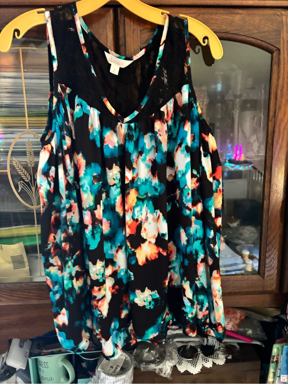 Off the shoulder Floral Watercolor Top - Black Teal Multicolor